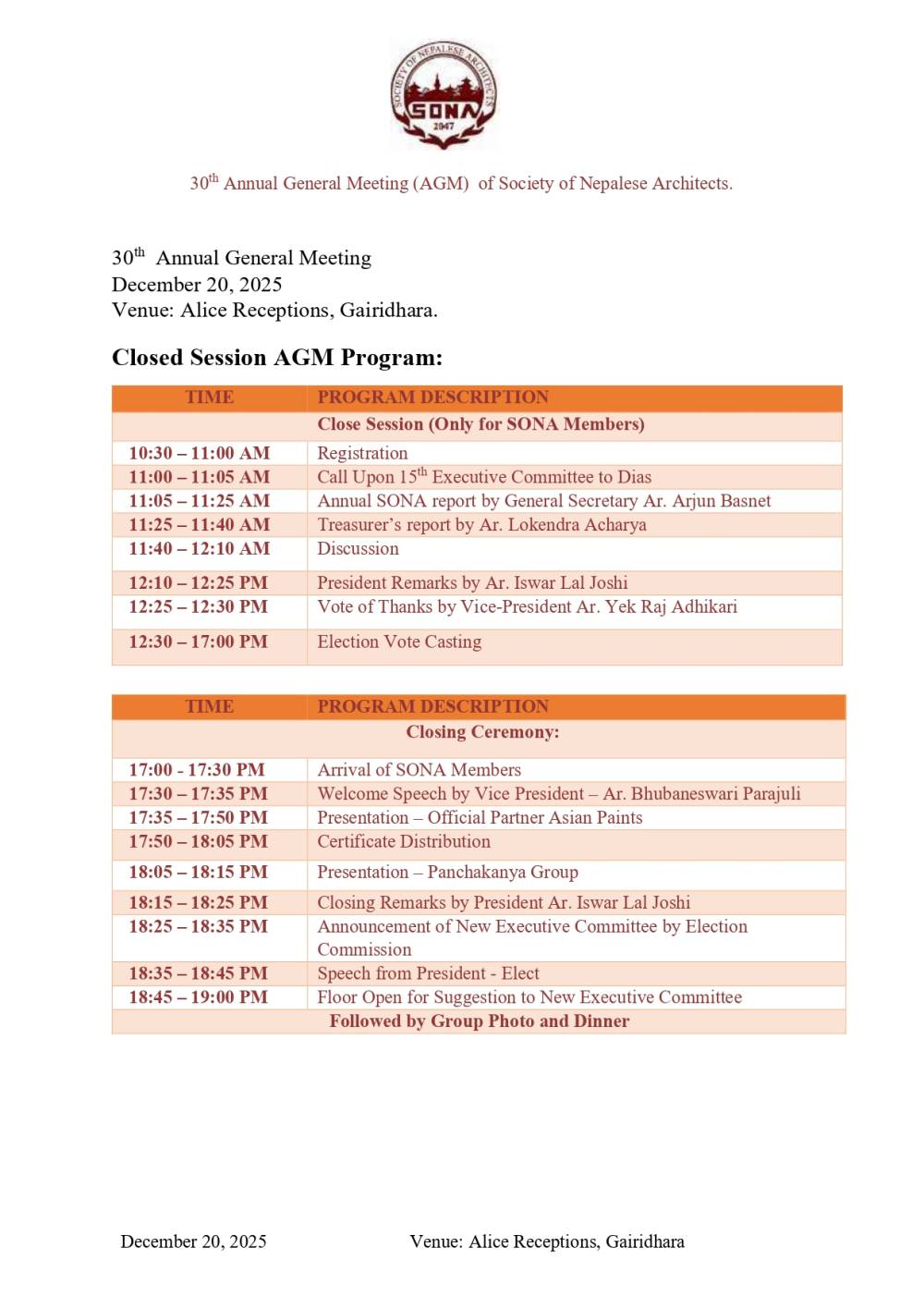 30th Annual General Meeting Schedule